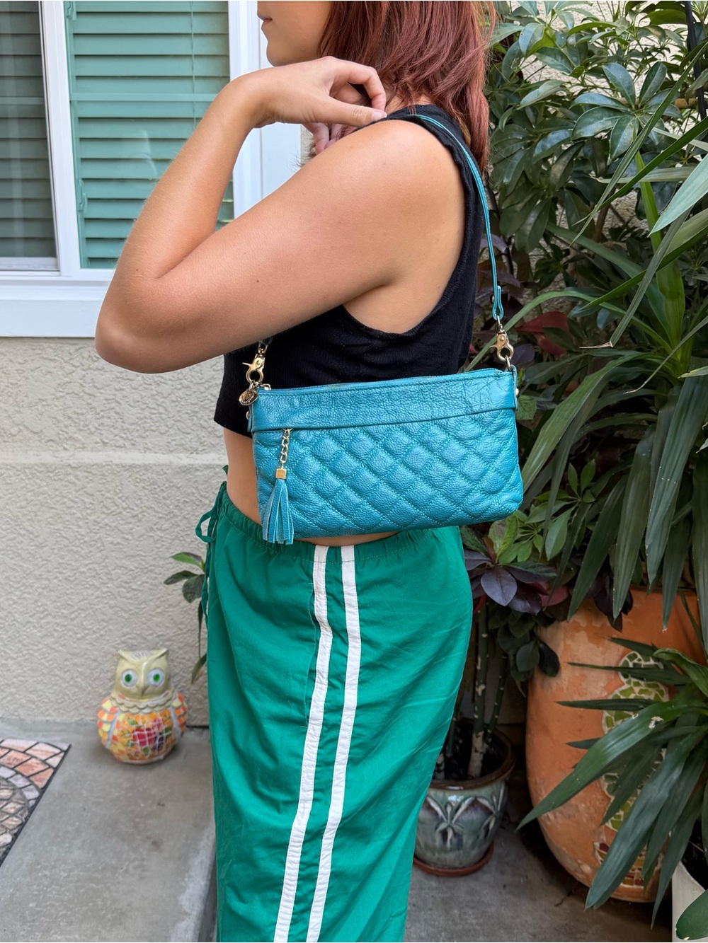 Vintage Piorina Italy Quilted Teal Leather Shoulder Mini Bag/Clutch with Tassel